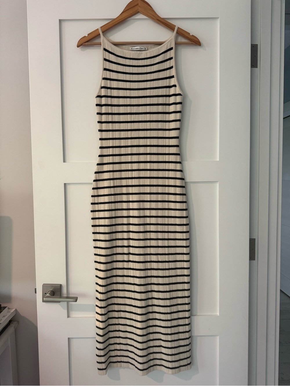 Abercrombie & Fitch Cream with Black Stripes Ribbed Midi Tank Dress